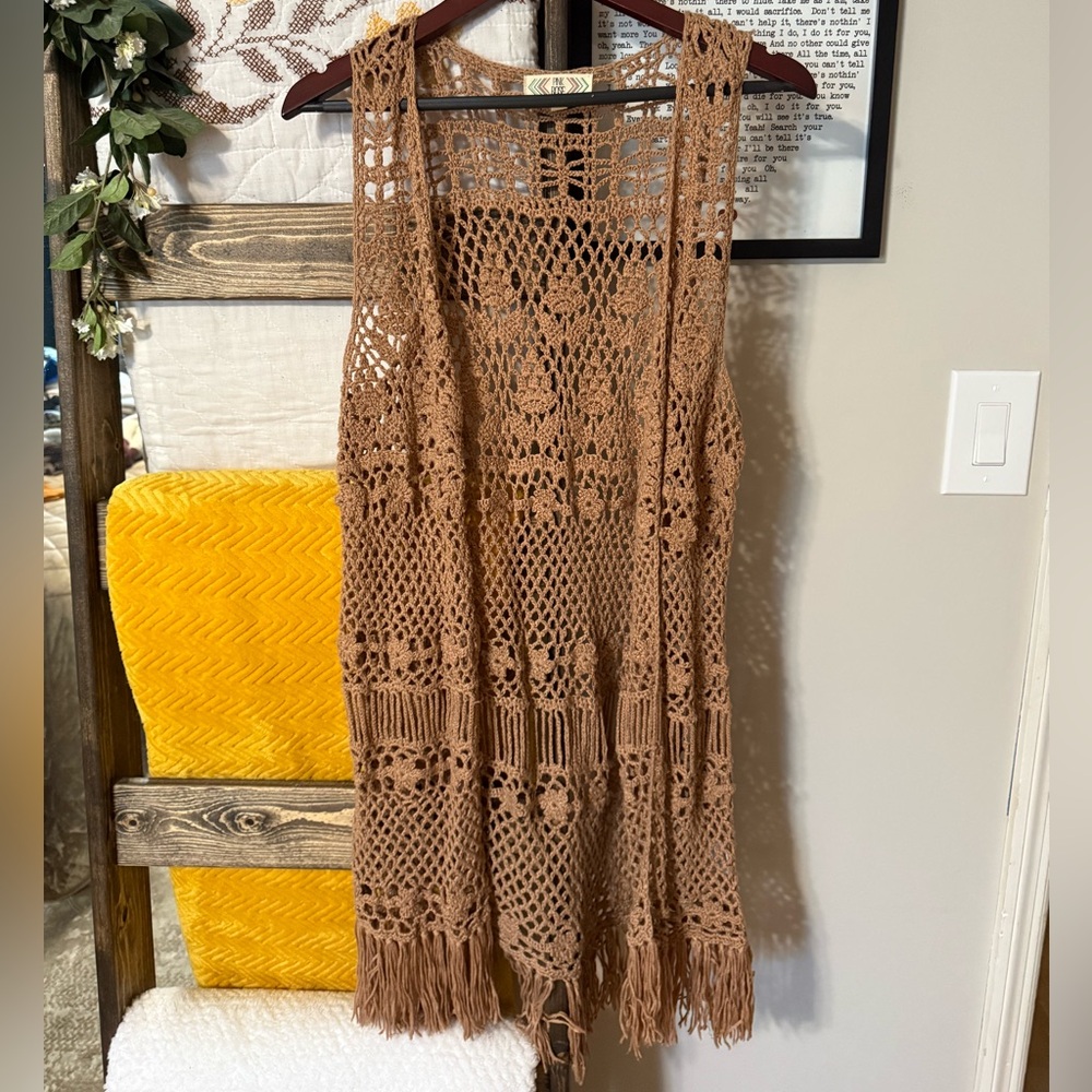 Pink Rose Handcrafted Brown Crochet Vest
